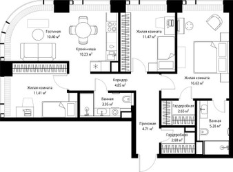 Планировка трехкомнатной(квартира) площадью 84.24 квадратных метров в ЖК “ЖК Веер”