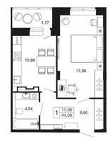 Планировка однокомнатной(квартира) площадью 44.1 квадратных метров в “ЖК Времена года”
