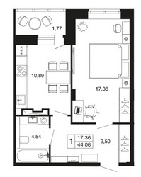 Планировка однокомнатной(квартира) площадью 44.1 квадратных метров в ЖК “ЖК Времена года”
