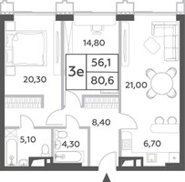 Планировка трехкомнатной(квартира) площадью 80.6 квадратных метров в “ЖК Will Towers (Вилл Тауэрс)”