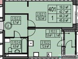Планировка однокомнатной(квартира) площадью 44.3 квадратных метров в “ЖК Sky Garden (Скай Гарден)”