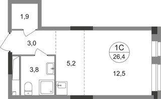 Планировка студии(квартира) площадью 26.4 квадратных метров в “ЖК Первый Московский”