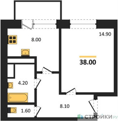 Планировка однокомнатной(квартира) площадью 40.8 квадратных метров в ЖК “ЖК Высокий берег (Ногинск)”