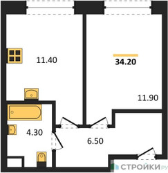 Планировка однокомнатной(квартира) площадью 34.1 квадратных метров в ЖК “Жилые кварталы Белый Град”