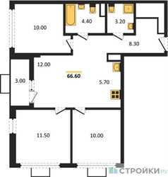 Планировка трехкомнатной(квартира) площадью 66.4 квадратных метров в ЖК “ЖК Бунинские кварталы”