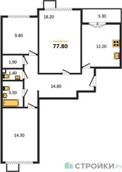 Планировка трехкомнатной(квартира) площадью 77.8 квадратных метров в ЖК “ЖК 1-й Ленинградский (Первый Ленинградский)”