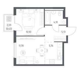 Планировка однокомнатной(квартира) площадью 38.33 квадратных метров в ЖК “ЖК Горки Парк”