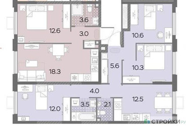 Планировка трехкомнатной(квартира) площадью 60.6 квадратных метров в ЖК “ЖК Лучи-2”