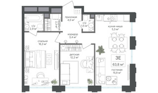 Планировка трехкомнатной(квартира) площадью 63.8 квадратных метров в “ЖК Михалковский”