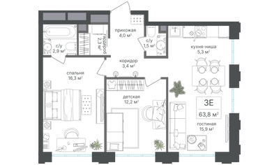 Планировка трехкомнатной(квартира) площадью 63.8 квадратных метров в ЖК “ЖК Михалковский”