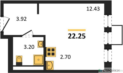 Планировка студии(квартира) площадью 22.25 квадратных метров в ЖК “Квартал Ивакино”