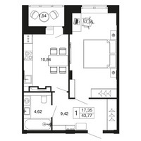 Планировка однокомнатной(квартира) площадью 43.7 квадратных метров в “ЖК Времена года”