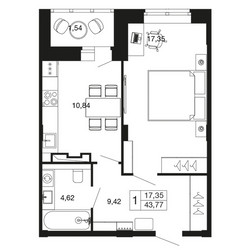 Планировка однокомнатной(квартира) площадью 43.7 квадратных метров в ЖК “ЖК Времена года”