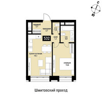 Планировка однокомнатной(квартира) площадью 44.3 квадратных метров в “ЖК Шелепиха (Cosmopolit)”