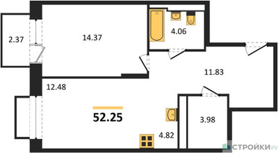 Планировка однокомнатной(квартира) площадью 52.25 квадратных метров в ЖК “ЖК Долина Яузы”
