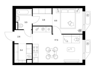 Планировка однокомнатной(квартира) площадью 39.1 квадратных метров в ЖК “ЖК Алтуфьевское 53”