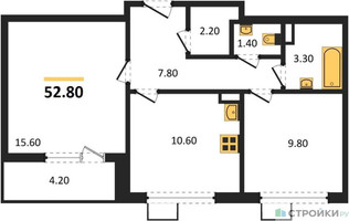 Планировка двухкомнатной(квартира) площадью 52.8 квадратных метров в “ЖК 1-й Шереметьевский (Первый Шереметьевский)”