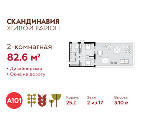 Планировка двухкомнатной(квартира) площадью 82.6 квадратных метров в ЖК “ЖК Скандинавия”