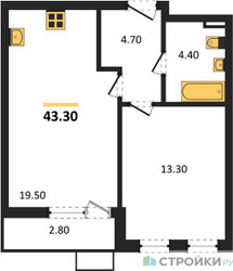 Планировка однокомнатной(квартира) площадью 43.3 квадратных метров в ЖК “ЖК Прокшино”