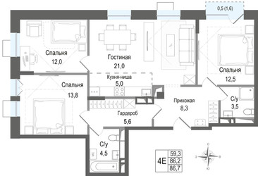 Планировка 4+ комнатной(квартира) площадью 86.2 квадратных метров в ЖК “ЖК КИНОКВАРТАЛ”