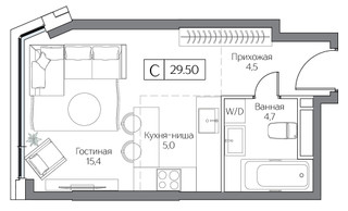 Планировка студии(квартира) площадью 29 квадратных метров в “ЖК Dream Riva (Дрим Рива)”