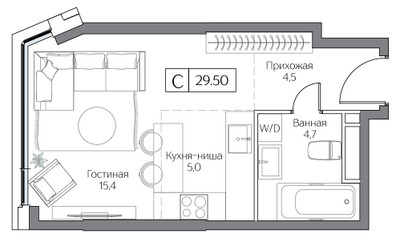 Планировка студии(квартира) площадью 29 квадратных метров в ЖК “ЖК Dream Riva (Дрим Рива)”
