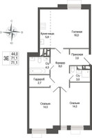 Планировка трехкомнатной(квартира) площадью 71.1 квадратных метров в “ЖК КИНОКВАРТАЛ”