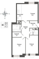 Планировка трехкомнатной(квартира) площадью 71.1 квадратных метров в ЖК “ЖК КИНОКВАРТАЛ”