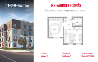 Планировка двухкомнатной(квартира) площадью 34.14 квадратных метров в “ЖК Аникеевский”
