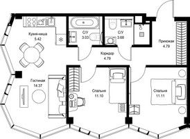 Планировка двухкомнатной(квартира) площадью 58.29 квадратных метров в “Дом премиум-класса МИРА”