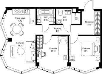 Планировка двухкомнатной(квартира) площадью 58.29 квадратных метров в ЖК “Дом премиум-класса МИРА”