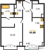 Планировка однокомнатной(квартира) площадью 43.8 квадратных метров в “ЖК Sydney City (Сидней Сити)”
