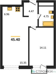 Планировка однокомнатной(квартира) площадью 45.4 квадратных метров в ЖК “ЖК UNO Соколиная гора”