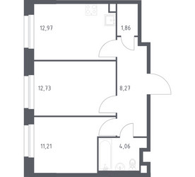 Планировка двухкомнатной(квартира) площадью 51.1 квадратных метров в ЖК “ЖК ЭкоБунино (Южное Бунино)”
