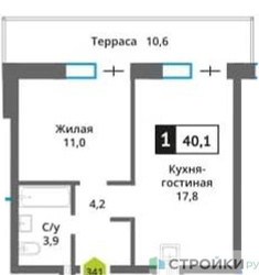 Планировка однокомнатной(квартира) площадью 40.1 квадратных метров в ЖК “ЖК Никольский квартал Отрада”
