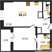 Планировка однокомнатной(квартира) площадью 38.17 квадратных метров в “ЖК Светлый мир Станция Л”