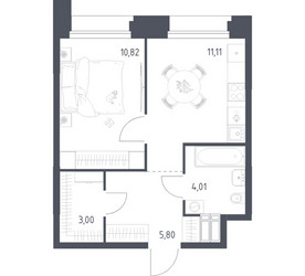 Планировка однокомнатной(апартаменты) площадью 34.74 квадратных метров в ЖК “ЖК Апарт-отель Тропарево парк”