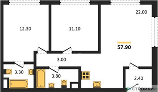 Планировка двухкомнатной(квартира) площадью 57.9 квадратных метров в “ЖК Wave (Вейв)”