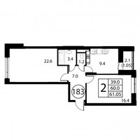 Планировка двухкомнатной(квартира) площадью 61 квадратных метров в “ЖК Космос”