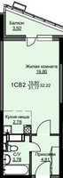 Планировка студии(квартира) площадью 32.7 квадратных метров в “ЖК Соболевка”
