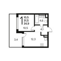 Планировка однокомнатной(квартира) площадью 34.9 квадратных метров в “Новые Ватутинки. Заречный”