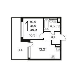 Планировка однокомнатной(квартира) площадью 34.9 квадратных метров в ЖК “Новые Ватутинки. Заречный”