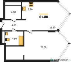 Планировка однокомнатной(квартира) площадью 61.8 квадратных метров в “ЖК Монблан”