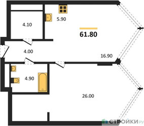 Планировка однокомнатной(квартира) площадью 61.8 квадратных метров в ЖК “ЖК Монблан”