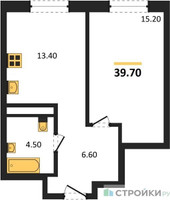 Планировка однокомнатной(квартира) площадью 39.7 квадратных метров в “ЖК Детали”