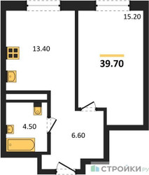 Планировка однокомнатной(квартира) площадью 39.7 квадратных метров в ЖК “ЖК Детали”