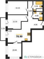 Планировка трехкомнатной(квартира) площадью 78.9 квадратных метров в “ЖК Бестселлер”
