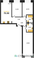Планировка трехкомнатной(квартира) площадью 75.5 квадратных метров в ЖК “ЖК Shagal (Шагал)”