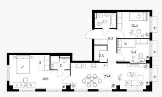 Планировка трехкомнатной(квартира) площадью 82.7 квадратных метров в “ЖК Саларьево парк”