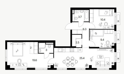 Планировка трехкомнатной(квартира) площадью 82.7 квадратных метров в ЖК “ЖК Саларьево парк”